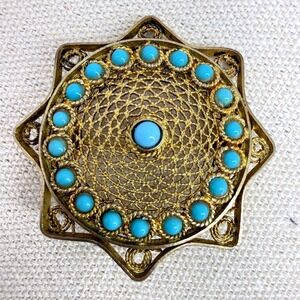 Vintage Filigree Starburst Brooch Gold Tone Blue Ornate Metalwork